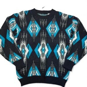 VTG Frontline Southwestern Knit Sweater Aztec Turquoise Navy‎ Small Grandpacore